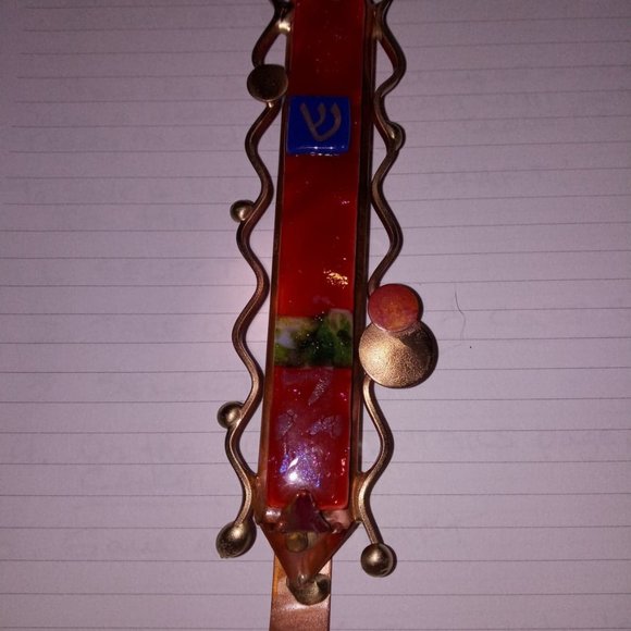 Rosenthal Copper Wedding Glass Mezuzah Copper and Glass Red with colorful glass.